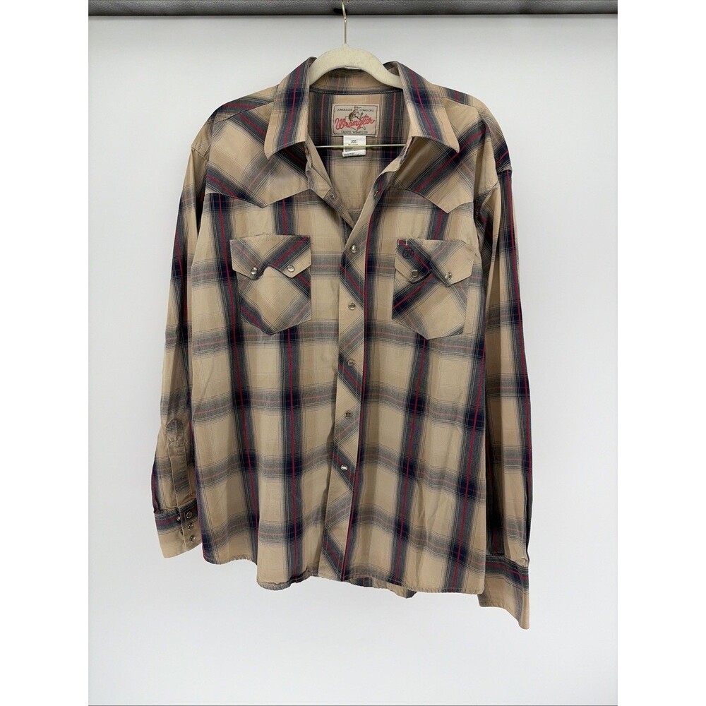 Vintage 90’s Wrangler American Cowboy Pearl Snap Western Shirt Brown Blue Red L